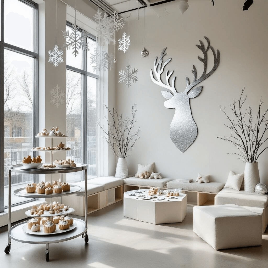 A Magical Reindeer Birthday Party: Winter Wonderland Celebration Guide A bright, modern apartment decorated for a Nordic-inspired reindeer birthday party, featuring a dessert cart with geometric reindeer-shaped treats, modular seating around a craft area, and Scandinavian decorations like paper snowflakes and silver ornaments, with a large silver washi tape reindeer silhouette on the wall.