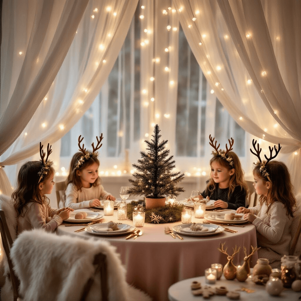 A Magical Reindeer Birthday Party: Winter Wonderland Celebration Guide A cozy indoor birthday celebration with a reindeer theme, featuring a round table decorated with blush pink linens, gold cutlery, and glass baubles. The centerpiece includes a small evergreen tree and wooden reindeer figurines, while children in flower crowns with gold antlers sit on chairs with faux fur throws. Twinkling fairy lights and sheer drapery create a warm atmosphere, complemented by a crafting station for making reindeer ornaments.
