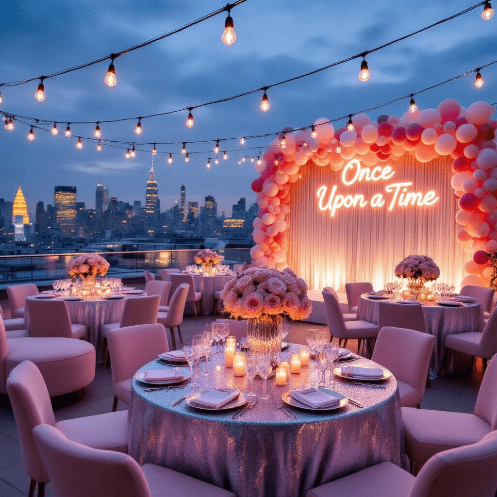Magical Princess Birthday Party: Your Ultimate Guide to Royally Awesome Celebrations A twilight rooftop terrace transformed into a princess kingdom, featuring round tables with silver linens, crystal vases of pink roses, a photo booth with pastel balloons and a neon sign, plush seating areas, and warm market lights creating a magical ambiance against the city skyline.