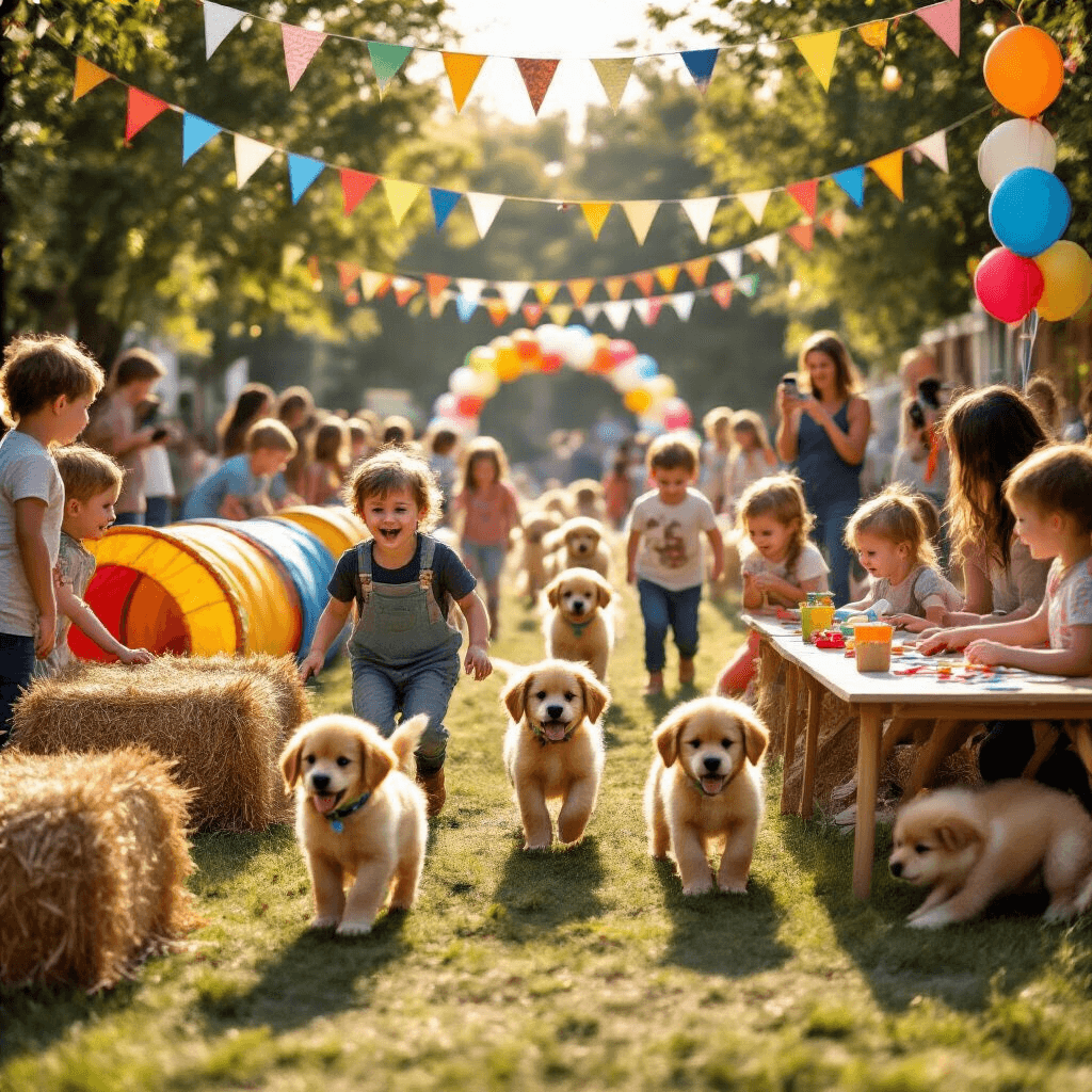 Puppy Birthday Party: The Ultimate Guide to Throwing a Tail-Wagging Celebration A lively puppy party scene with children navigating an obstacle course, face painting, and crafting dog collars, all under strings of lights and colorful banners, while parents capture memories in the background.