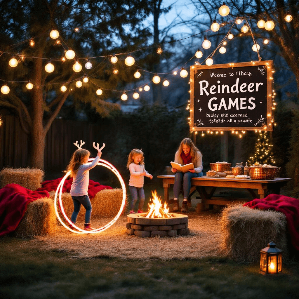 A Magical Reindeer Birthday Party: Winter Wonderland Celebration Guide A cozy backyard scene at twilight featuring a festive reindeer party, with glowing bulb lights, a handmade 'Reindeer Games' sign, children playing with LED hula hoops, and adults gathered around a faux campfire reading stories. A s'mores station is visible on a reclaimed wood table, surrounded by twinkling lanterns and pinecone garlands.