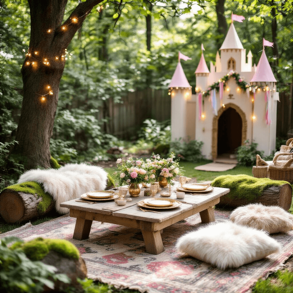 Magical Princess Birthday Party: Your Ultimate Guide to Royally Awesome Celebrations A cozy woodland princess picnic setup featuring low tables on vintage rugs, gold-rimmed plates on wood slices, delicate flower crown favors, moss-covered log seating with faux fur throws, a twinkling 'wishing tree', and a pastel-painted DIY castle backdrop, all illuminated by dappled sunlight.
