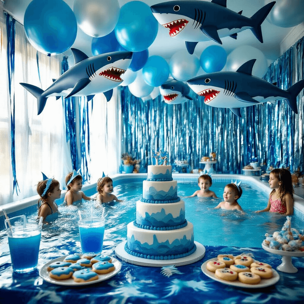 Shark Birthday Party: The Ultimate Guide to Crafting a Jaw-Dropping Celebration A lively indoor pool party featuring inflatable shark balloons and children in shark fin headbands, with a dessert table displaying a shark cake and ocean-themed treats, all under soft, filtered light.