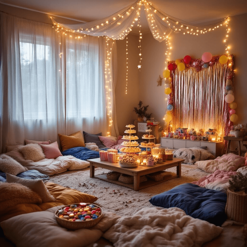 Ultimate Guide to Creating the Perfect Sleepover Birthday Party A cozy living room transformed into a magical sleepover paradise with plush floor cushions, colorful sleeping bags, twinkling fairy lights, an elaborate snack spread on a central table, craft supplies, and a DIY photo booth backdrop, all in lavender, silver, and white hues.