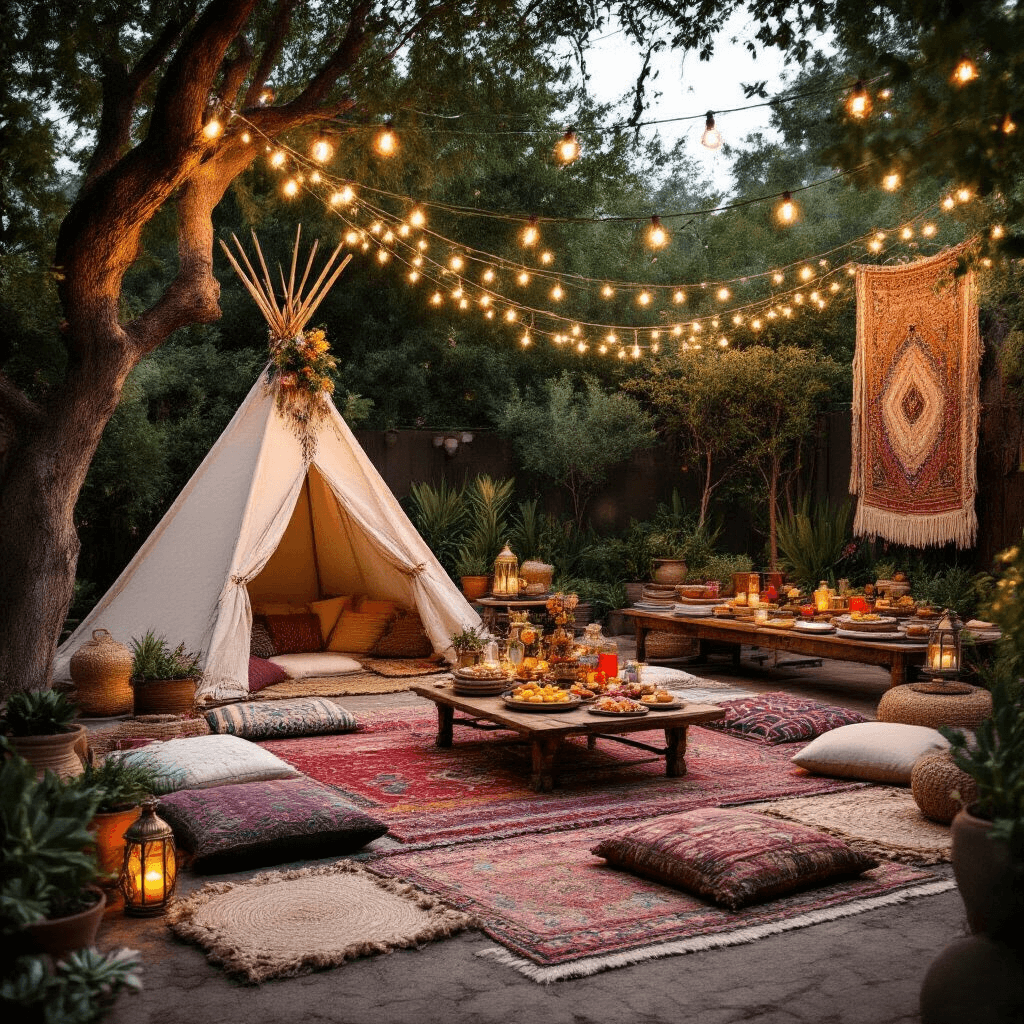 Ultimate Guide to Creating the Perfect Sleepover Birthday Party An intimate bohemian backyard sleepover at twilight, featuring string lights, mismatched rugs, low tables with floor cushions, a macramé teepee, Moroccan lanterns, a dessert cart with sweet treats, and woven tapestries hanging from trees.