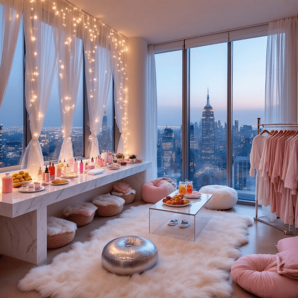 Ultimate Guide to Creating the Perfect Sleepover Birthday Party A chic tween spa sleepover set in a modern apartment with floor-to-ceiling windows showcasing a city skyline at dusk, featuring plush white fur rugs, blush pink pillows, a marble pampering station, fairy lights, healthy snacks, and elegant decor in blush, white, and silver.