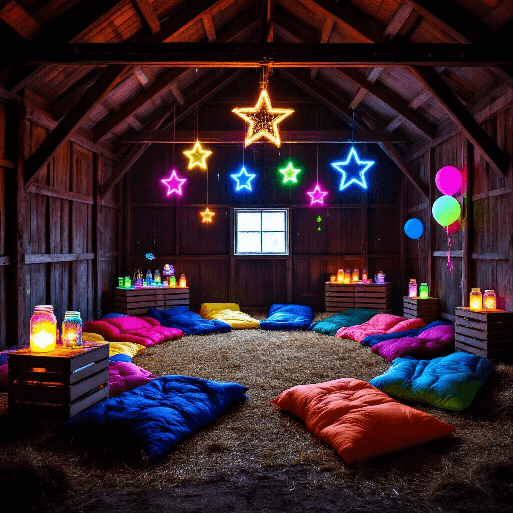 Ultimate Guide to Creating the Perfect Sleepover Birthday Party A rustic barn interior brightened with glow-in-the-dark decorations for a magical sleepover, featuring vibrant sleeping bags on hay, illuminated mason jar lanterns, a snack table with glowing treats, and colorful glow stick accessories against a dark wooden backdrop.