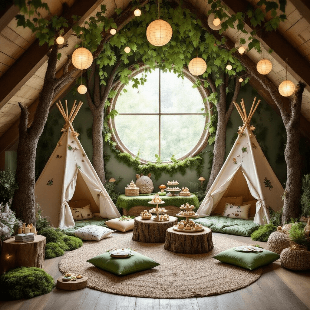 Ultimate Guide to Creating the Perfect Sleepover Birthday Party A whimsical attic sleepover setup featuring teepees under faux trees and oversized paper flowers, illuminated by soft morning light. Fairy lights and mushroom-shaped lanterns enhance the magical ambiance, with tree stump tables displaying woodland-themed treats. The scene includes personalized pillows, flower crowns, magic wands, and a cozy reading nook.