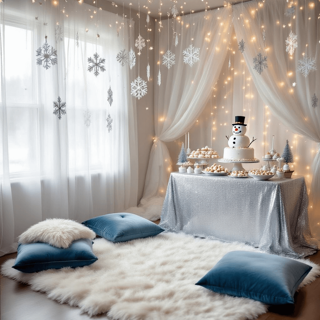 A Magical Snowman Birthday Party: Your Ultimate Guide to Winter Wonderland Celebration A cozy living room decorated for a magical snowman birthday party, featuring soft afternoon light, a plush white faux fur rug, oversized icy blue velvet pillows, twinkling fairy lights, and paper snowflakes. A silver sequin dessert table showcases a tiered cake with fondant snowmen, snowflake-shaped cookies, and marshmallow hot chocolate toppers, with bright orange and red accents from carrot-nose props and knit scarves.
