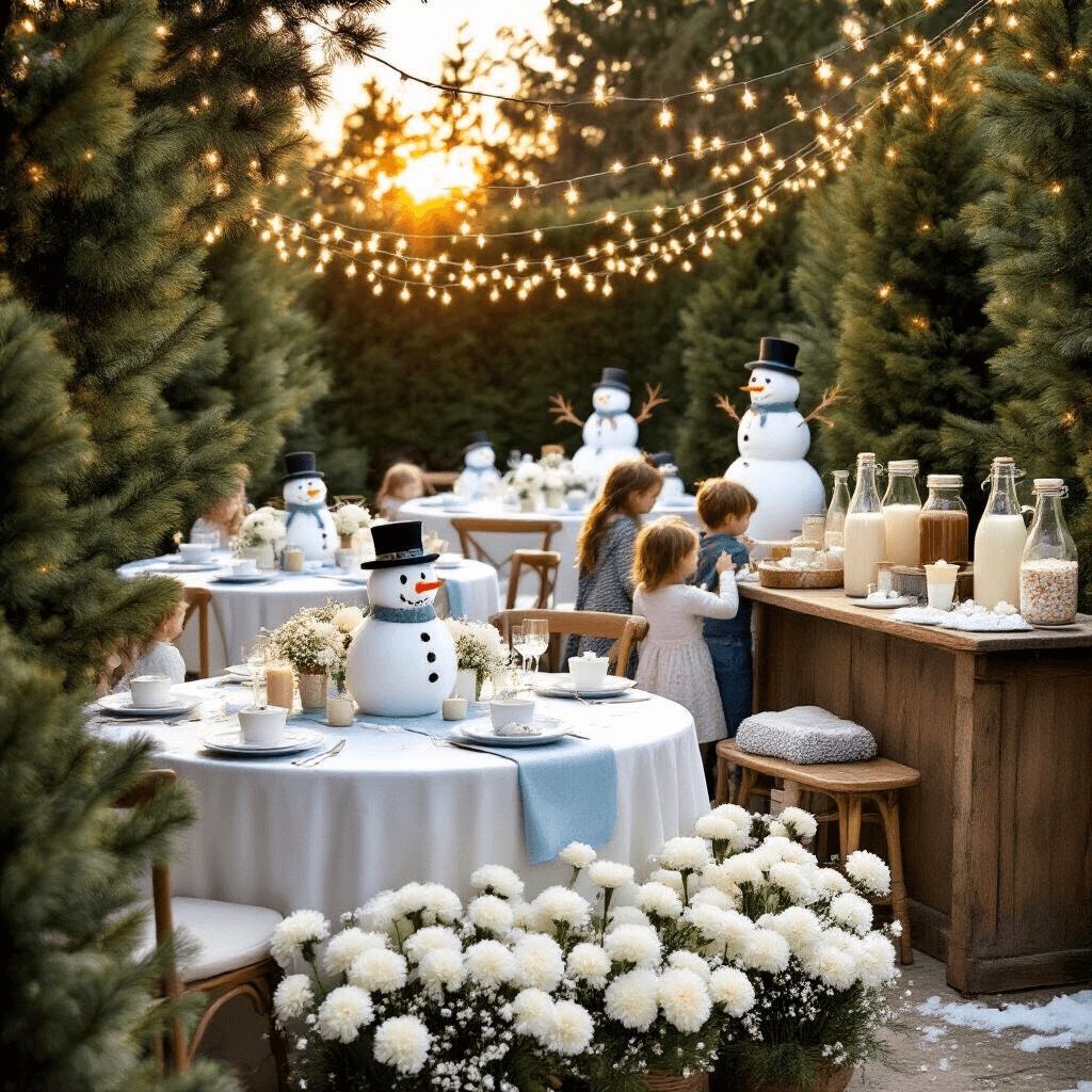 A Magical Snowman Birthday Party: Your Ultimate Guide to Winter Wonderland Celebration An enchanting outdoor garden party with a snowman theme, featuring twinkling lights, snow-dusted evergreens, and whimsical snowman centerpieces amid crisp white linens. Children decorate snowman ornaments at a craft table while a rustic bar serves hot chocolate with vintage milk bottles. Laughter fills the air as the sun sets, casting a warm glow.