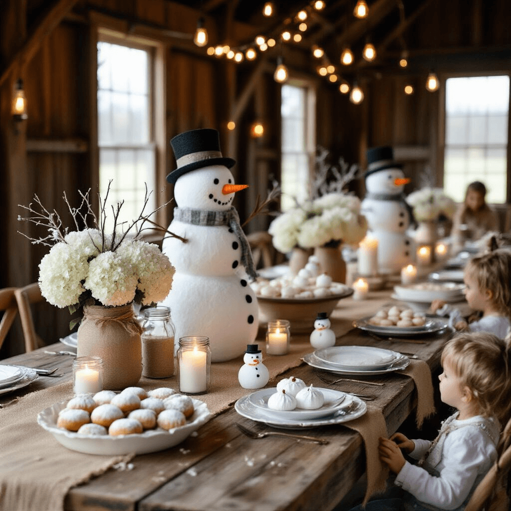 A Magical Snowman Birthday Party: Your Ultimate Guide to Winter Wonderland Celebration A cozy barn celebration featuring a snowman theme, with rustic decor of burlap, mason jars of white hydrangeas, mismatched china, and a dessert cart filled with treats, all illuminated by Edison bulbs and fairy lights.
