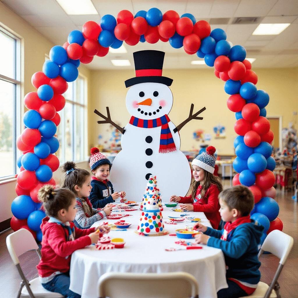 A Magical Snowman Birthday Party: Your Ultimate Guide to Winter Wonderland Celebration A vibrant indoor birthday party featuring a snowman theme, with colorful balloon arches, snowman centerpieces, a large photo cutout, kids decorating cookies, and a face painter creating snowflake designs, all set in a sunlit community center.