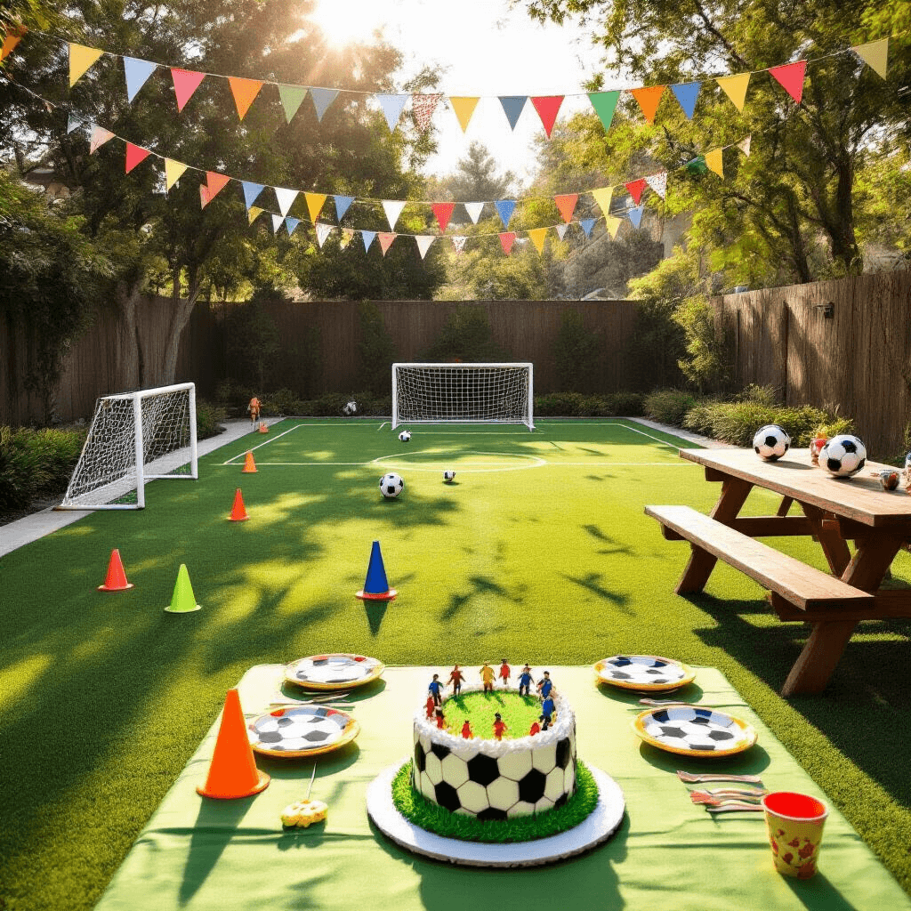 Soccer Birthday Party: The Ultimate Guide to Creating an Unforgettable Celebration A sunlit backyard transformed into a miniature soccer field for a child's birthday party, featuring lush turf, portable goals, colorful cone obstacles, a picnic table with soccer-themed decorations, a tiered soccer field cake, and children in jerseys playing joyfully.