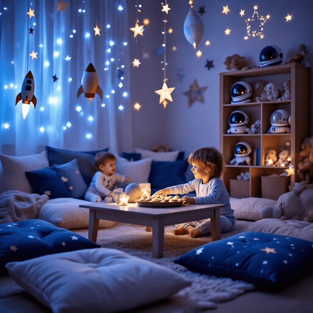 Blast Off to an Unforgettable Space Birthday Party: The Ultimate Cosmic Celebration Guide A cozy living room illuminated by projector star lights, featuring a low table with planet-shaped cookies and plush floor cushions in blue and silver. Cardboard rocket ships and constellations hang overhead, while a bookshelf filled with alien toys and astronaut helmets serves as a 'space station.' A child in pajamas reaches for cookies, their face filled with wonder in the enchanting setting.