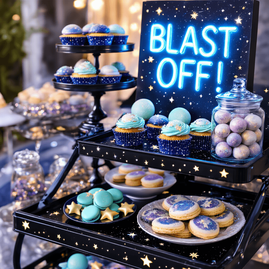 Blast Off to an Unforgettable Space Birthday Party: The Ultimate Cosmic Celebration Guide A close-up of a space-themed dessert cart featuring galaxy-swirl cupcakes, moon rock macarons, constellation cookies, and whimsical treats like 'moon dust' jars and 'asteroid pops', all highlighted by a neon 'Blast Off!' sign and glowing star stickers.
