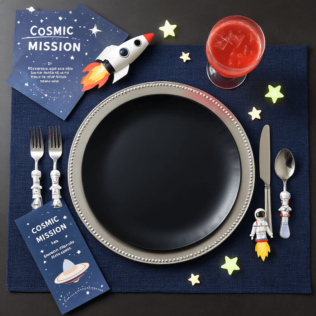 Blast Off to an Unforgettable Space Birthday Party: The Ultimate Cosmic Celebration Guide An overhead view of a space-themed party place setting featuring a sleek black plate on a textured navy blue placemat, surrounded by a silver charger, cosmic mission menus, astronaut-shaped utensils, scattered glow-in-the-dark stars, a miniature rocket ship place card holder, and a napkin folded like a space shuttle, with a vibrant Mars-red mocktail in a futuristic glass.