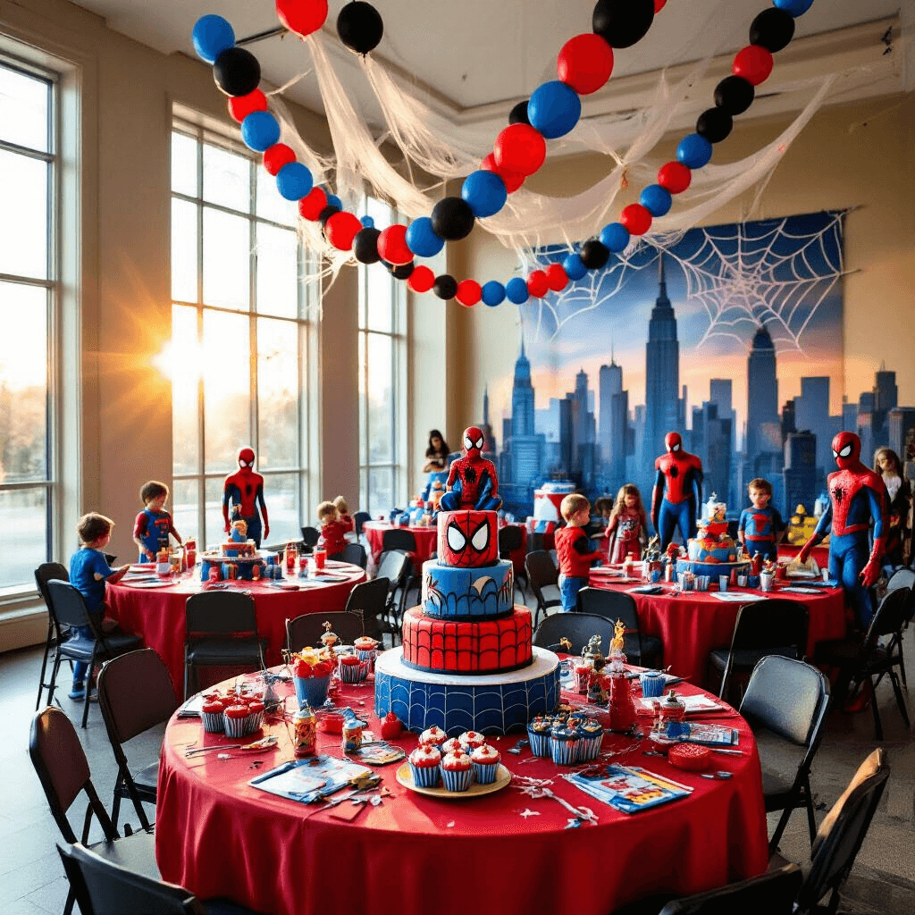 Spiderman Birthday Party: The Ultimate Superhero Celebration Guide A vibrant Spiderman-themed birthday party in an indoor ballroom, featuring red and blue table settings, a 3D Spiderman cake, balloon garlands, and children playing in superhero costumes.