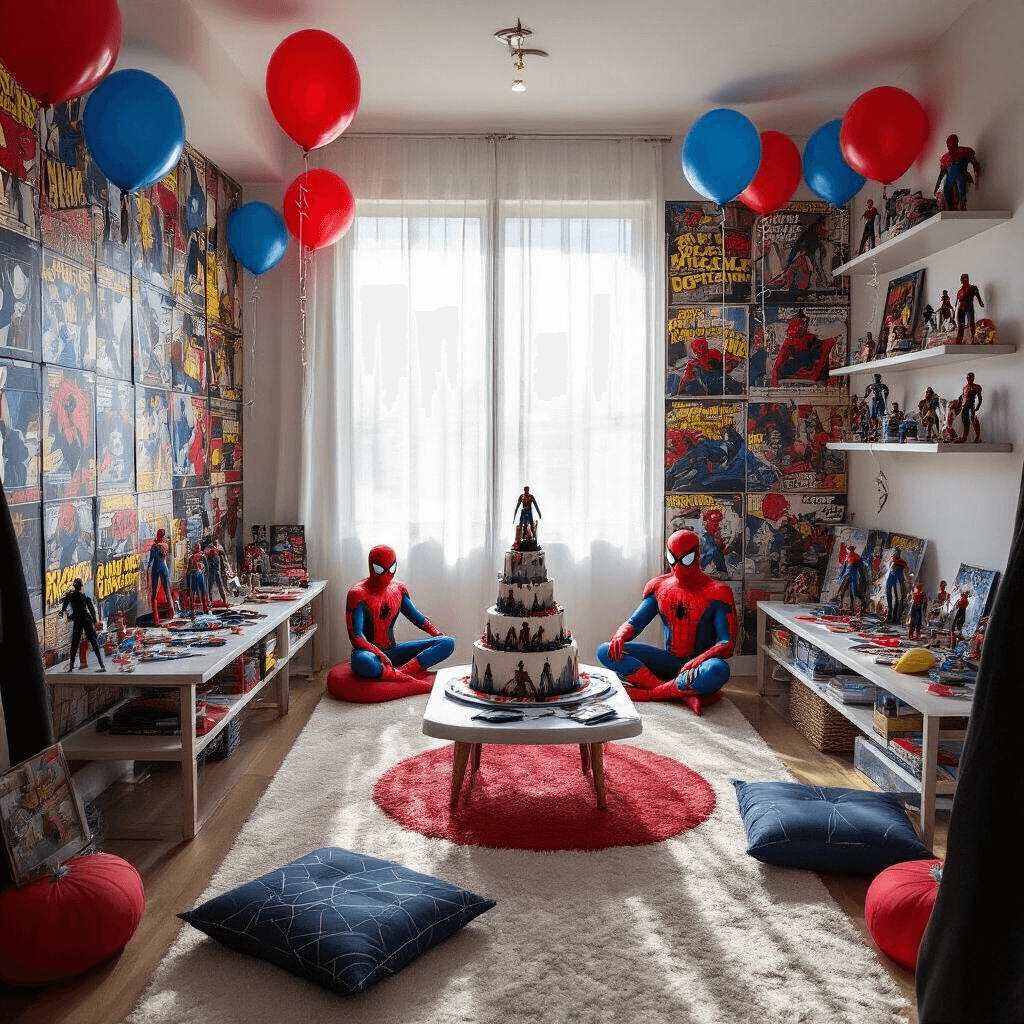 Spiderman Birthday Party: The Ultimate Superhero Celebration Guide An intimate superhero training camp set in a modern apartment, featuring an obstacle course, mask-decorating stations, comic book backdrop, action figures, festive balloons, spider web decorations, and a skyscraper-themed Spiderman cake.