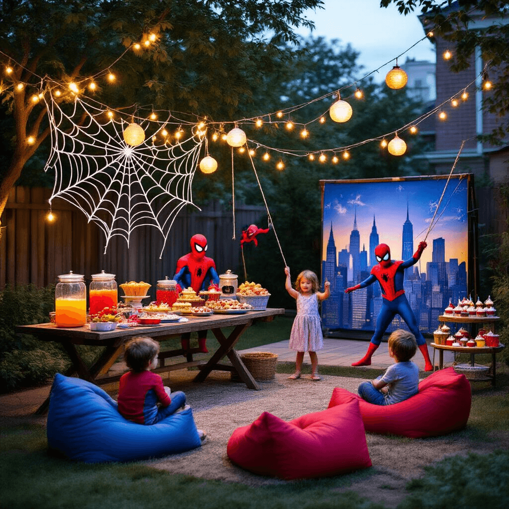 Spiderman Birthday Party: The Ultimate Superhero Celebration Guide A whimsical Spiderman-themed backyard celebration at twilight, featuring fairy lights, a rustic table with snacks and punch, a DIY photo booth with a New York skyline backdrop, children playing on a rope web, a stage for superhero poses, and a dessert cart with spiderweb-decorated cupcakes.