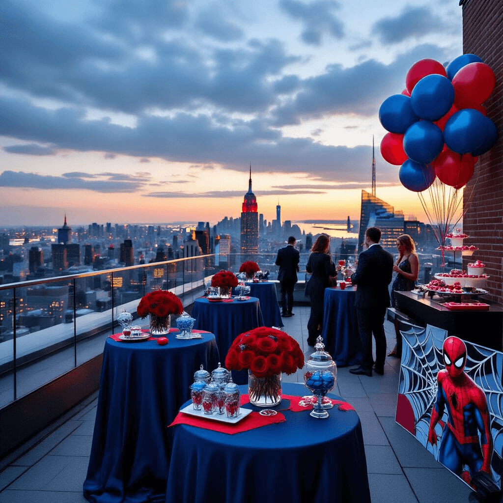 Spiderman Birthday Party: The Ultimate Superhero Celebration Guide An upscale birthday soirée on an elegant rooftop terrace featuring Spiderman-themed decor, high tables with deep blue linens and red accents, a dessert bar with spider emblem cake pops, and a web-inspired balloon installation, all set against a twinkling NYC skyline at sunset.
