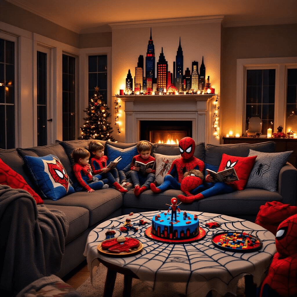 Spiderman Birthday Party: The Ultimate Superhero Celebration Guide A cozy superhero-themed living room for a Spiderman birthday party, featuring candlelight, red and blue uplights, a felt cityscape on the mantel, comic book art pillows on the sectional sofa, a LEGO building station on the coffee table, and a dining nook with a spider web lace tablecloth and a homemade Spiderman cake surrounded by vintage comics and action figures.