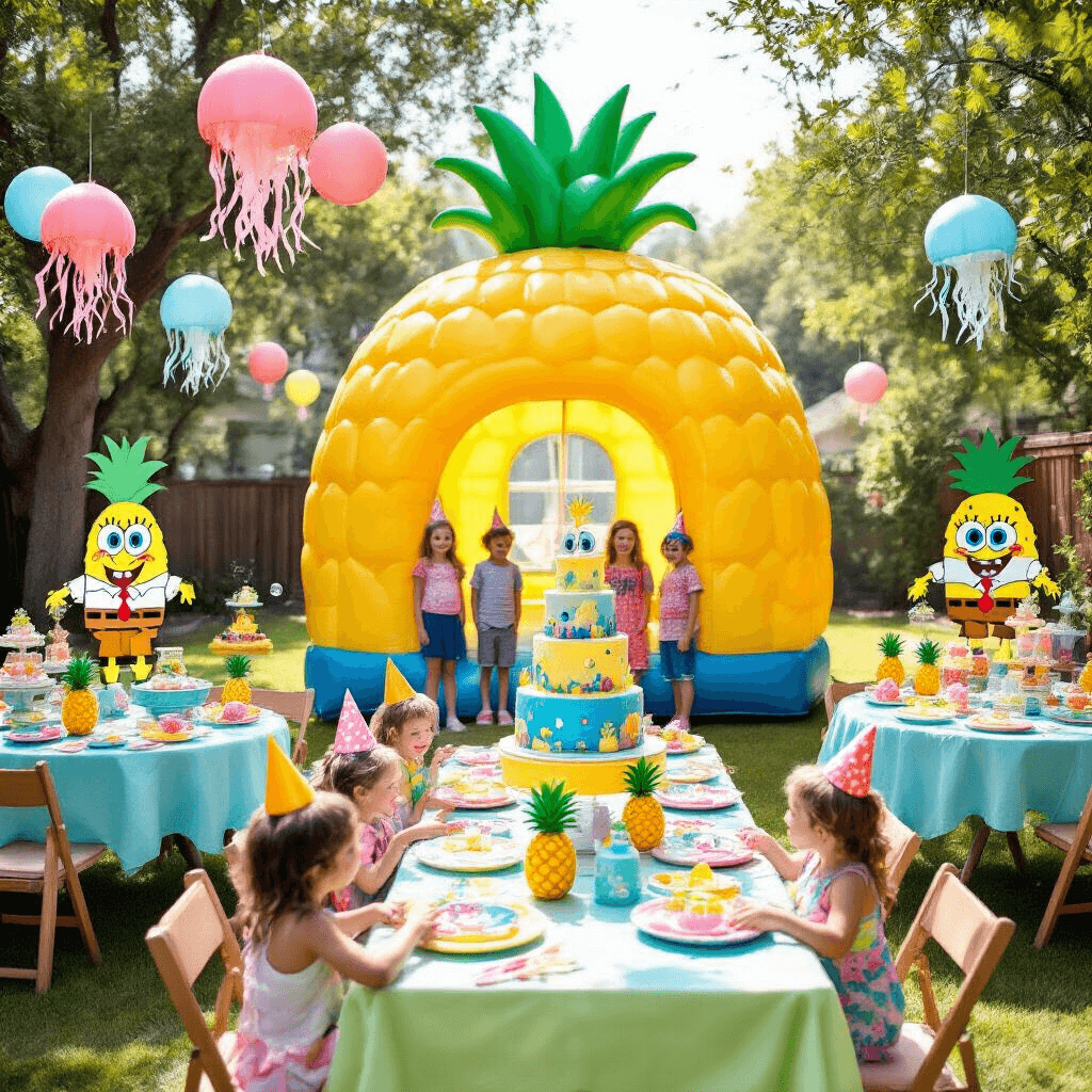 Throw the Ultimate SpongeBob Birthday Party: A Fun Guide for Kids and Nostalgic Fans A vibrant SpongeBob-themed birthday party in a sunlit backyard featuring a pineapple-shaped bounce house, ocean blue and coral pink balloons, sea-green tablecloths with pineapple centerpieces, a Bikini Bottom cake, handmade jellyfish lanterns, and children playing with life-sized character cutouts.