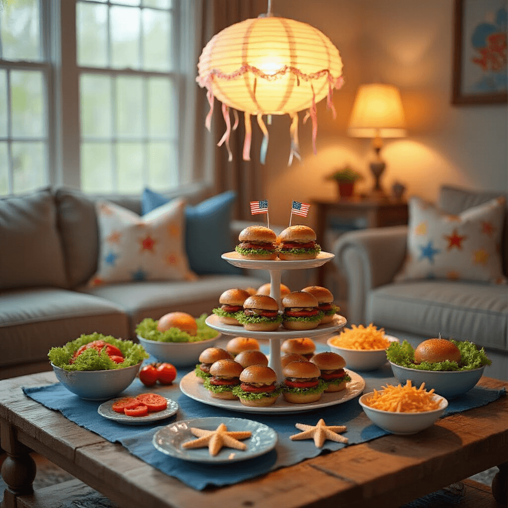 Throw the Ultimate SpongeBob Birthday Party: A Fun Guide for Kids and Nostalgic Fans An intimate SpongeBob-themed celebration in a cozy living room with soft, warm lighting, focusing on a coffee table styled as a 'Crabby Patty' station, featuring a rustic wood top, ocean-blue linens, starfish-shaped plates, and a tiered stand of slider burgers with SpongeBob flags, surrounded by bowls of fresh toppings, all illuminated by a DIY jellyfish lamp.