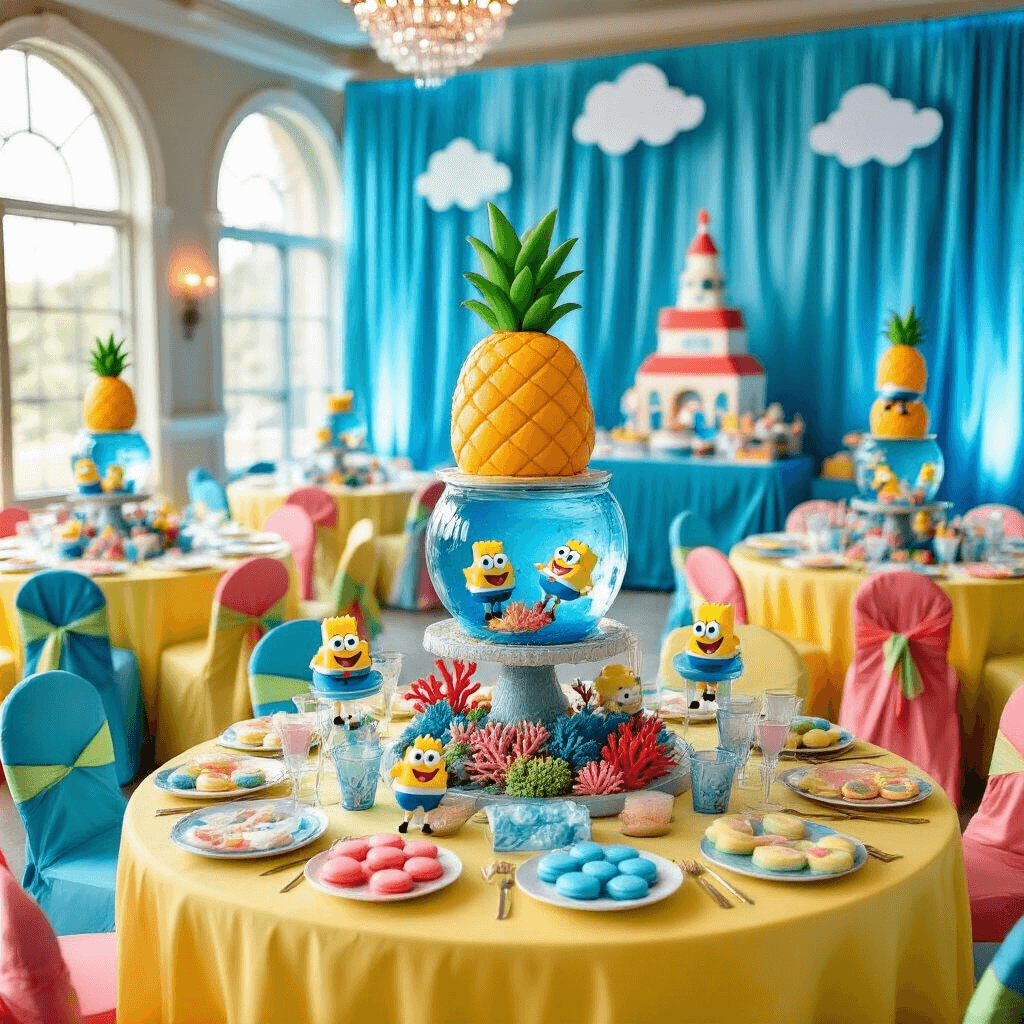 Throw the Ultimate SpongeBob Birthday Party: A Fun Guide for Kids and Nostalgic Fans A grand SpongeBob-themed party setup in an indoor ballroom featuring yellow-draped tables with aquarium centerpieces, alternating chair covers, and a backdrop of blue curtains with a Krusty Krab sign. A dessert cart showcases a pineapple cake surrounded by ocean blue macarons and SpongeBob-shaped cookies.