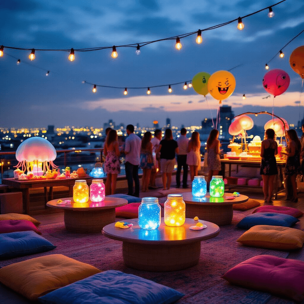 Throw the Ultimate SpongeBob Birthday Party: A Fun Guide for Kids and Nostalgic Fans A vibrant nighttime rooftop celebration inspired by SpongeBob SquarePants, featuring low tables with colorful floor cushions, glowing Mason jar centerpieces, a jellyfish-themed cotton candy station, and oversized character balloons, all illuminated by string lights against a city skyline backdrop.