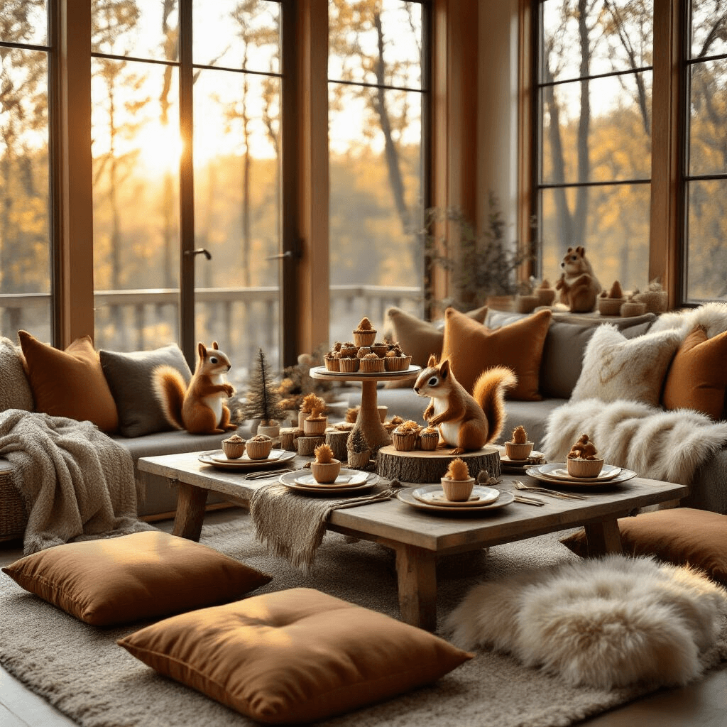 Squirrel Birthday Party: A Woodland Wonderland Celebration! A cozy squirrel-themed celebration in a warmly lit living room, featuring a low table with woodland-inspired place settings, a whimsical squirrel-shaped cake, and plush floor cushions, all surrounded by soft blankets and decorative woodland figurines.