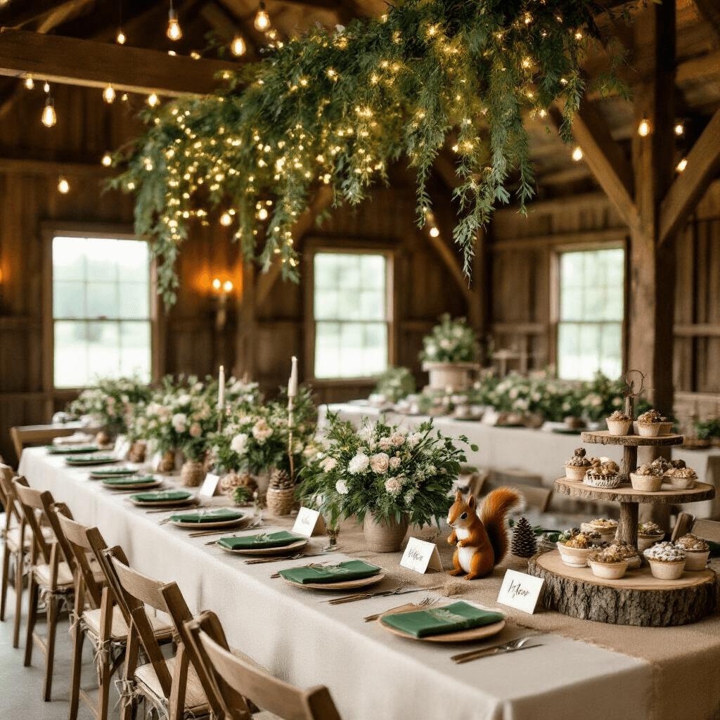 Squirrel Birthday Party: A Woodland Wonderland Celebration! A beautifully styled rustic barn interior for a woodland birthday soirée, featuring long farmhouse tables with cream linens and burlap runners, vibrant wildflower centerpieces, and whimsical squirrel figurines, all under delicate fairy lights and lush greenery, with a dessert cart of nature-themed sweets and soft mason jar lighting.