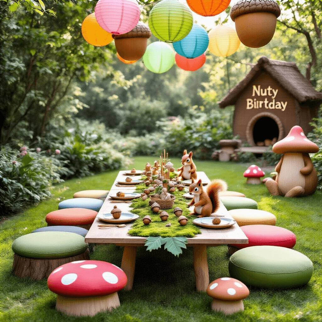 Squirrel Birthday Party: A Woodland Wonderland Celebration! A whimsical children's birthday party setting in a garden, featuring a low table with a moss runner, colorful floor cushions, leaf-shaped plates, and playful decorations like lanterns and balloons, all captured from a child's eye level.