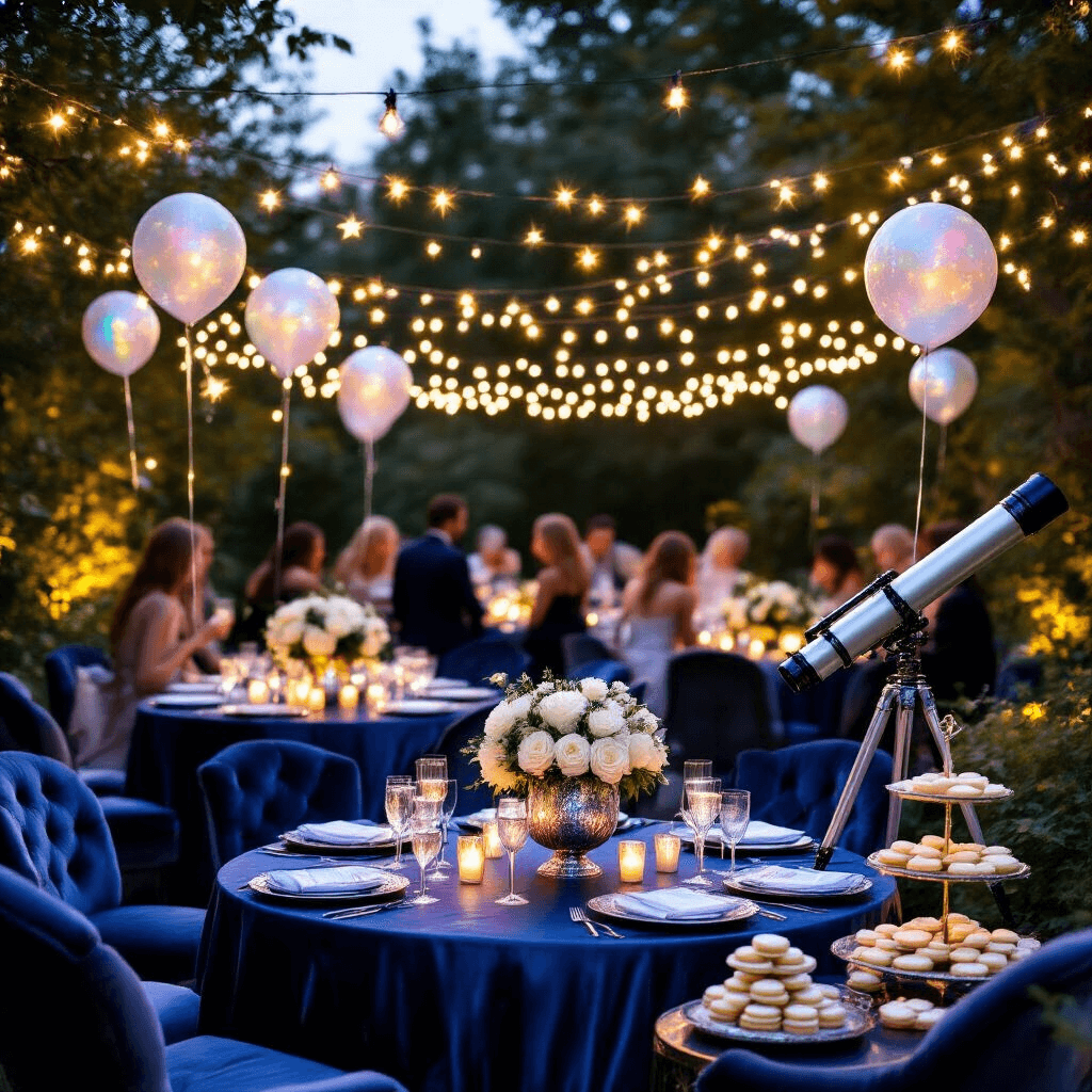 Celestial Magic: How to Create the Perfect Star Birthday Party A magical outdoor garden party at dusk, featuring twinkling fairy lights, round tables with midnight blue silk linens, silver vases of white roses, iridescent star-shaped balloons, guests in velvet lounge chairs sipping champagne, a telescope for stargazing, and constellation-themed cookies on silver platters.