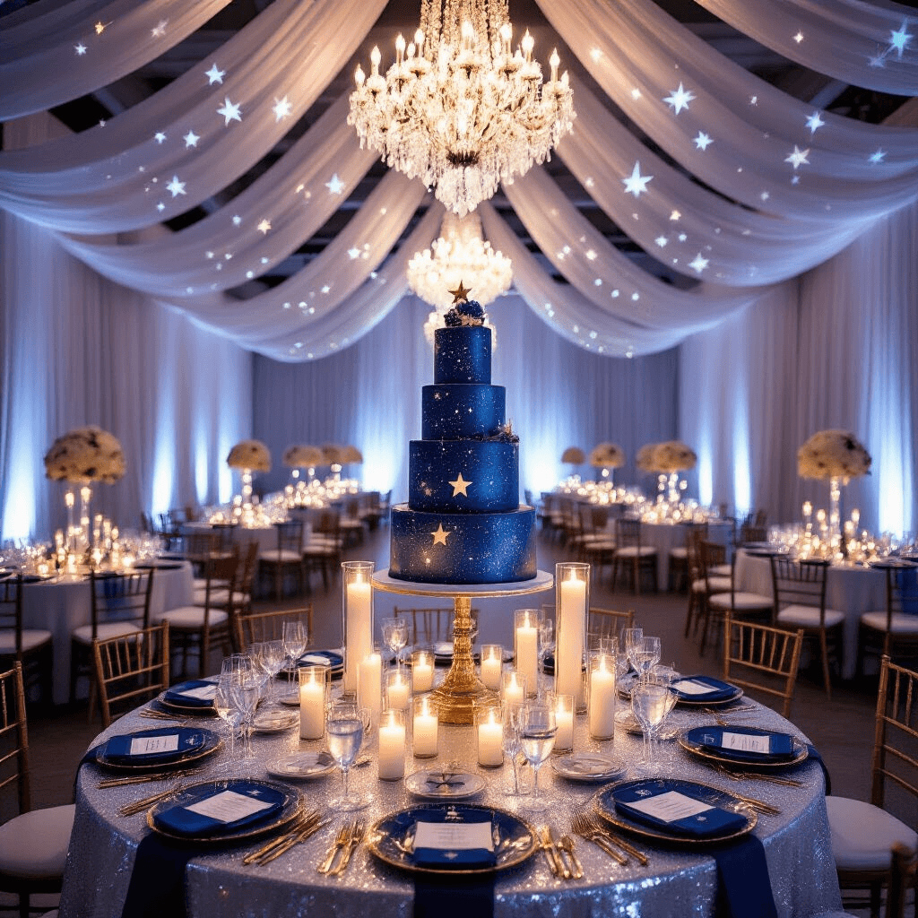 Celestial Magic: How to Create the Perfect Star Birthday Party An elegant ballroom transformed into a celestial wonderland, with sheer white drapery, illuminated star patterns, long tables adorned with silver sequin linens, pillar candles, deep blue plates with gold rims, personalized star chart menus, a grand galaxy-themed cake, and a massive crystal chandelier overhead.