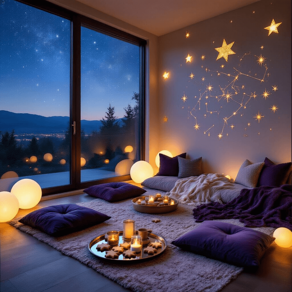 Celestial Magic: How to Create the Perfect Star Birthday Party A cozy living room designed for stargazing, featuring floor-to-ceiling windows with a clear night sky, plush floor cushions around low tables, soft throw blankets in deep purples and blues, a feature wall with hand-painted gold constellations, glowing orb lights resembling celestial bodies, and a DIY hot chocolate bar with galaxy-swirled marshmallows and star-shaped cookies on a mirrored tray.