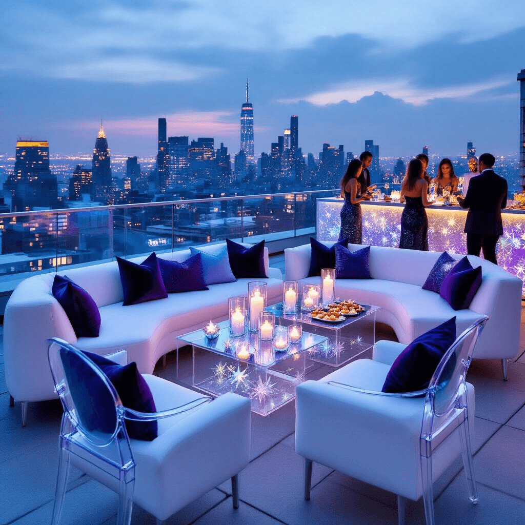Celestial Magic: How to Create the Perfect Star Birthday Party A chic rooftop terrace adorned for a celestial soirée, featuring sleek white lounge furniture with deep blue and purple pillows, lucite ghost chairs, clear acrylic tables with floating candles and metallic origami stars, a shimmering holographic statement wall, a bar serving cosmic cocktails, and uplighting casting a soft blue glow as guests enjoy hors d'oeuvres.