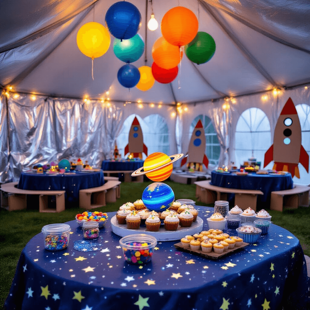 Celestial Magic: How to Create the Perfect Star Birthday Party A whimsical backyard celebration for a children's star party featuring a space station-themed tent, low tables with glow-in-the-dark stars, colorful planet balloons, a craft station with glitter and paint, and a dessert display with a solar system cake and galaxy cupcakes, all under a starry night sky.