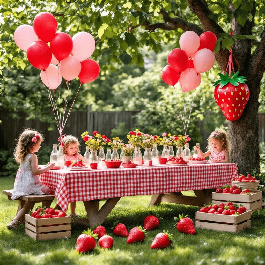 Sweet Strawberry Birthday Party: A Delightful Celebration Guide A whimsical strawberry-themed birthday party setup in a sunlit backyard, featuring a picnic table with a red gingham cloth, vintage milk bottles with wildflowers, clusters of red and pink balloons, a handmade strawberry piñata, a dessert cart with strawberry treats, and children playing among oversized cardboard strawberries and wooden crates filled with real strawberries.