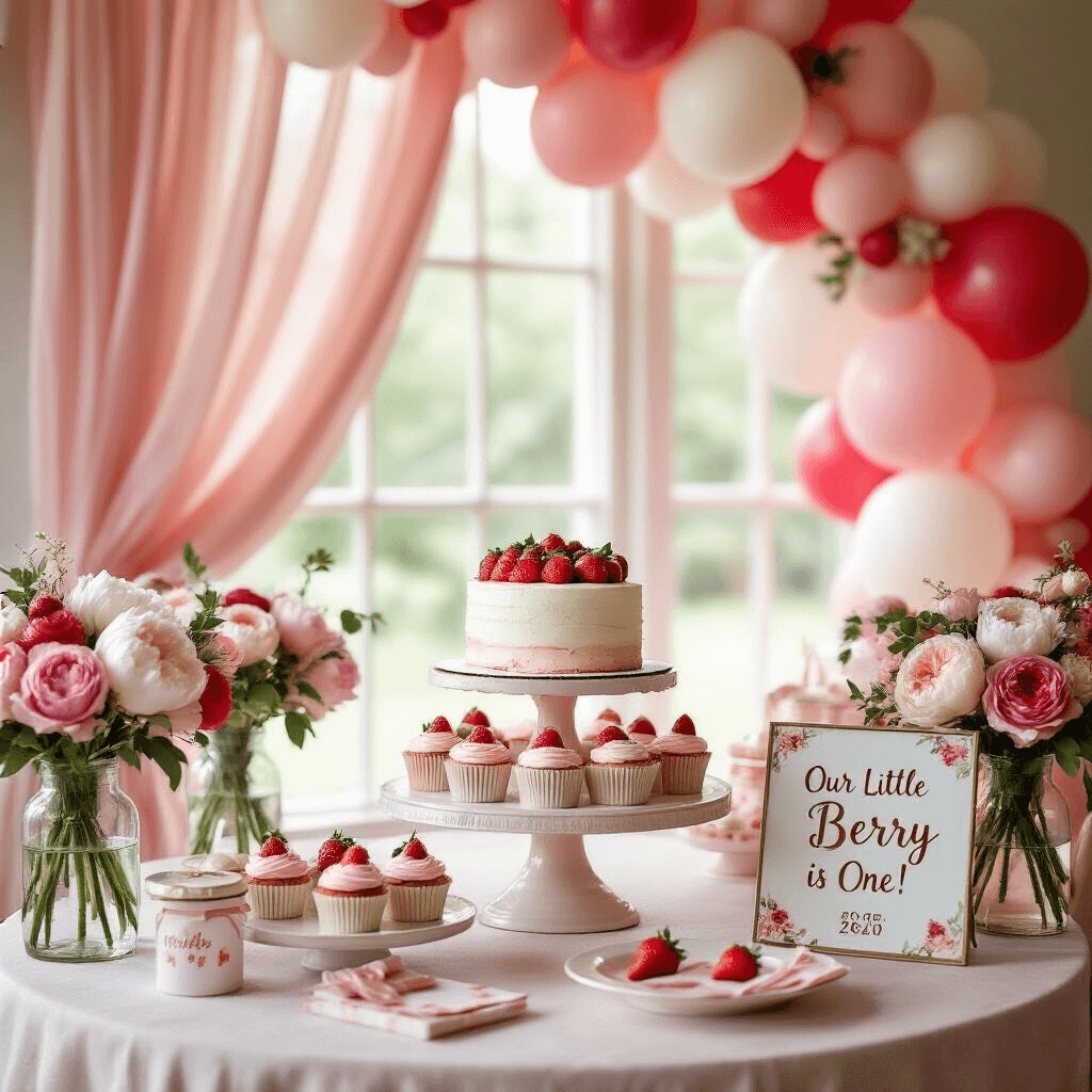 Sweet Strawberry Birthday Party: A Delightful Celebration Guide An inviting first birthday celebration featuring a tiered cake stand with a petite smash cake and strawberry cupcakes, surrounded by blush pink drapery, a pink, red, and white balloon arch, vintage milk glass vases with peonies and garden roses, and personalized gold calligraphy signage reading 'Our Little Berry is One!'.
