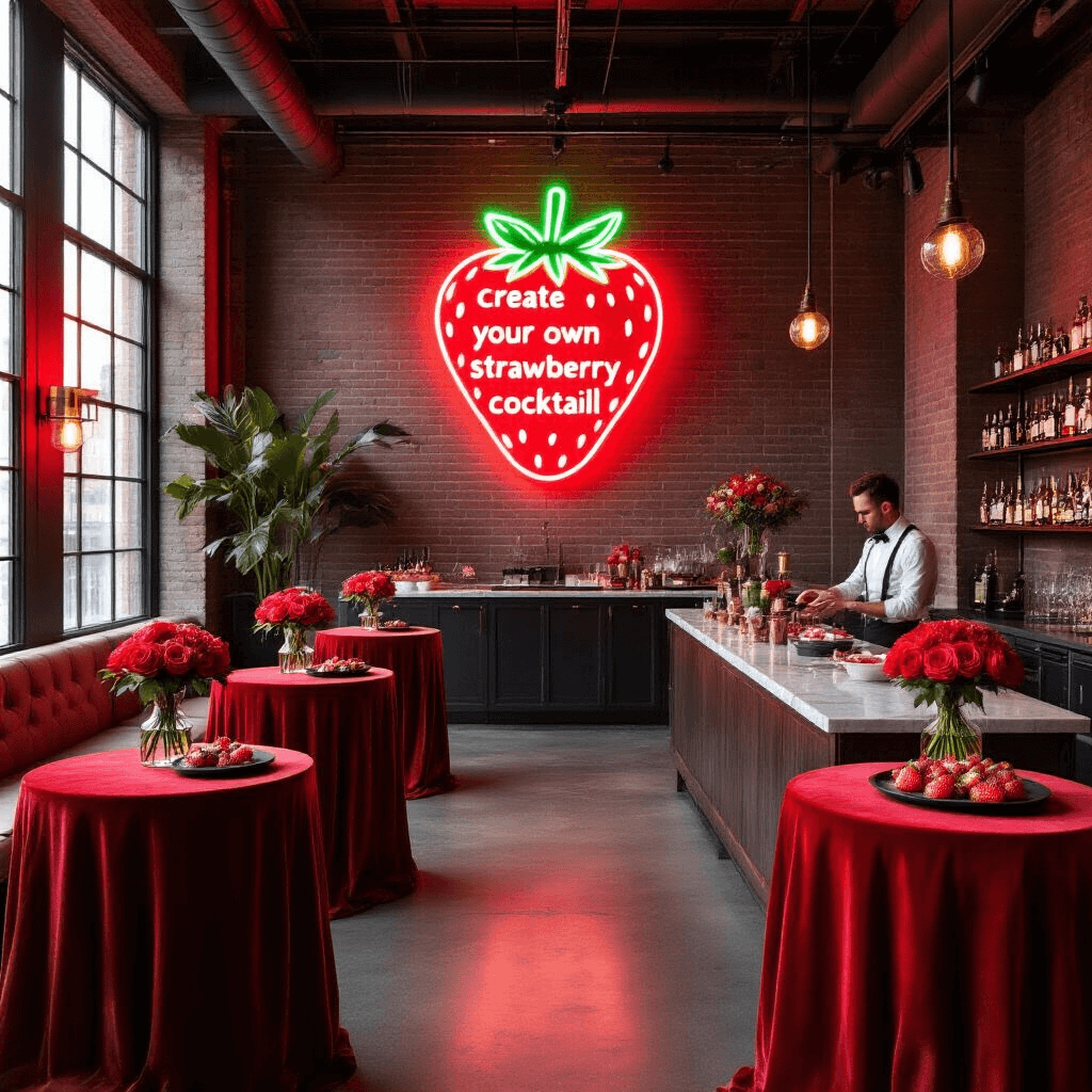 Sweet Strawberry Birthday Party: A Delightful Celebration Guide A modern loft cocktail party with luxe red velvet tables, single stem roses in minimalist vases, an oversized neon strawberry sign, a marble cocktail bar with fresh ingredients, and servers offering strawberry canapés, all set in an atmosphere of urban sophistication with moody lighting.