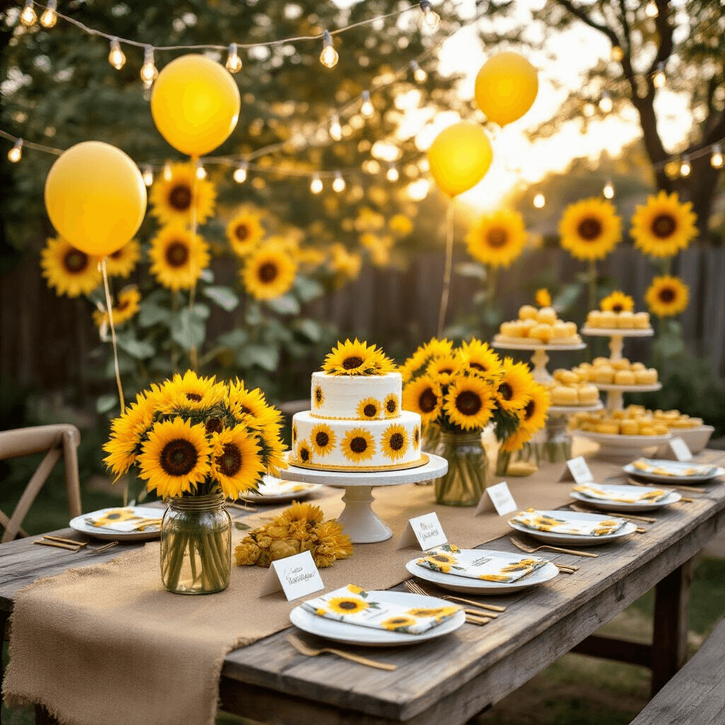 Sunflower Birthday Party: A Radiant Celebration of Joy and Creativity A sun-drenched backyard featuring a rustic farmhouse table with a burlap runner, mason jars of fresh sunflowers, and fairy lights overhead, surrounded by whimsical tissue paper decorations, yellow balloons, and a tiered birthday cake adorned with fondant sunflowers.