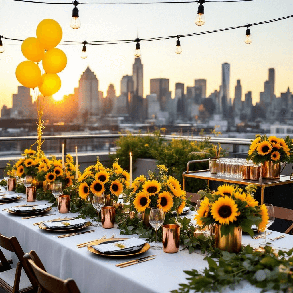 Sunflower Birthday Party: A Radiant Celebration of Joy and Creativity A chic rooftop terrace party at sunset featuring long tables with white linens, sunflowers, and black dinnerware, illuminated by string lights and yellow balloons, with a modern bar cart serving sunflower cocktails against a stunning city skyline.