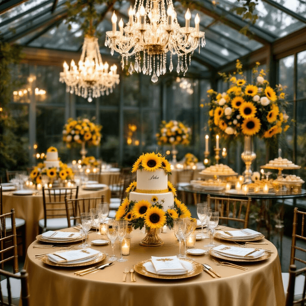 Sunflower Birthday Party: A Radiant Celebration of Joy and Creativity An elegant evening soirée in a glass-walled conservatory featuring crystal chandeliers adorned with sunflower vines, round tables draped in golden silk linens, gold-rimmed charger plates, and hand-calligraphed place cards with mini sunflower bouquets, complemented by tall vases of sunflower and white rose centerpieces, a gold-leafed cake on a dessert table, and soft candlelight illuminating the scene against a twinkling night sky.