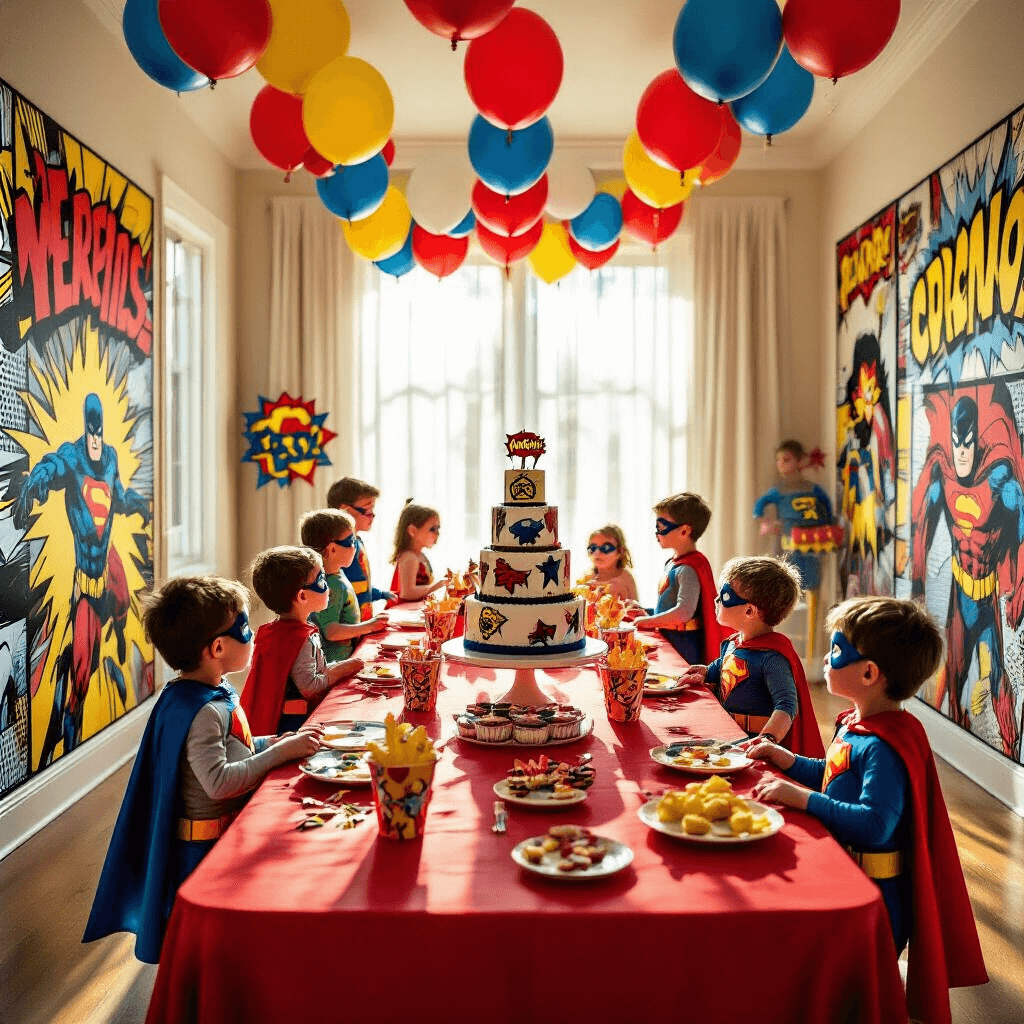 Epic Superhero Birthday Party: Your Ultimate Guide to Creating a Comic Book Celebration A vibrant superhero-themed birthday party in a sunlit living room, featuring oversized comic book panels, colorful balloon garlands, a red table with themed treats, and excited children in capes and masks playing under soft, natural light.
