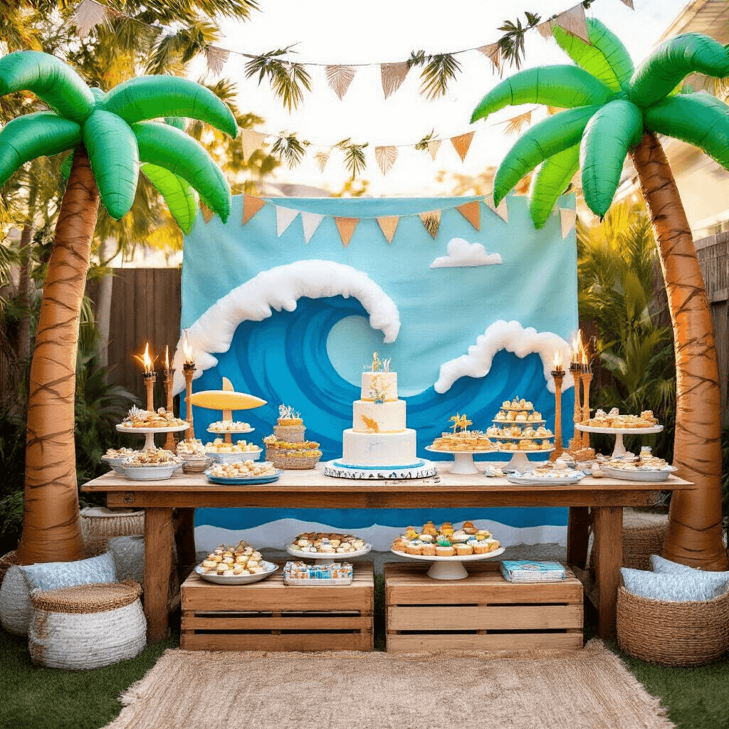 Surf's Up: The Ultimate Guide to Creating an Epic Beach-Themed Birthday Party A vibrant backyard transformed into a surf-themed birthday party, featuring ocean blue and white decor, inflatable palm trees, a dessert table with a surfboard-shaped cake, tiki torches, and garlands of paper waves overhead, all bathed in soft, golden hour lighting.