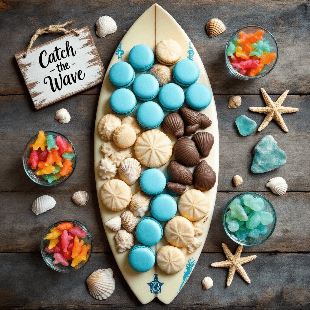 Surf's Up: The Ultimate Guide to Creating an Epic Beach-Themed Birthday Party Overhead view of a surf party dessert spread on a vintage surfboard, featuring blue ombré macarons, chocolate seashells, coconut sand dollar cookies, and glass bowls of gummy sharks and Swedish Fish, surrounded by seashells, starfish, aqua sea glass, and a hand-lettered 'Catch the Wave' sign, under soft, diffused lighting.