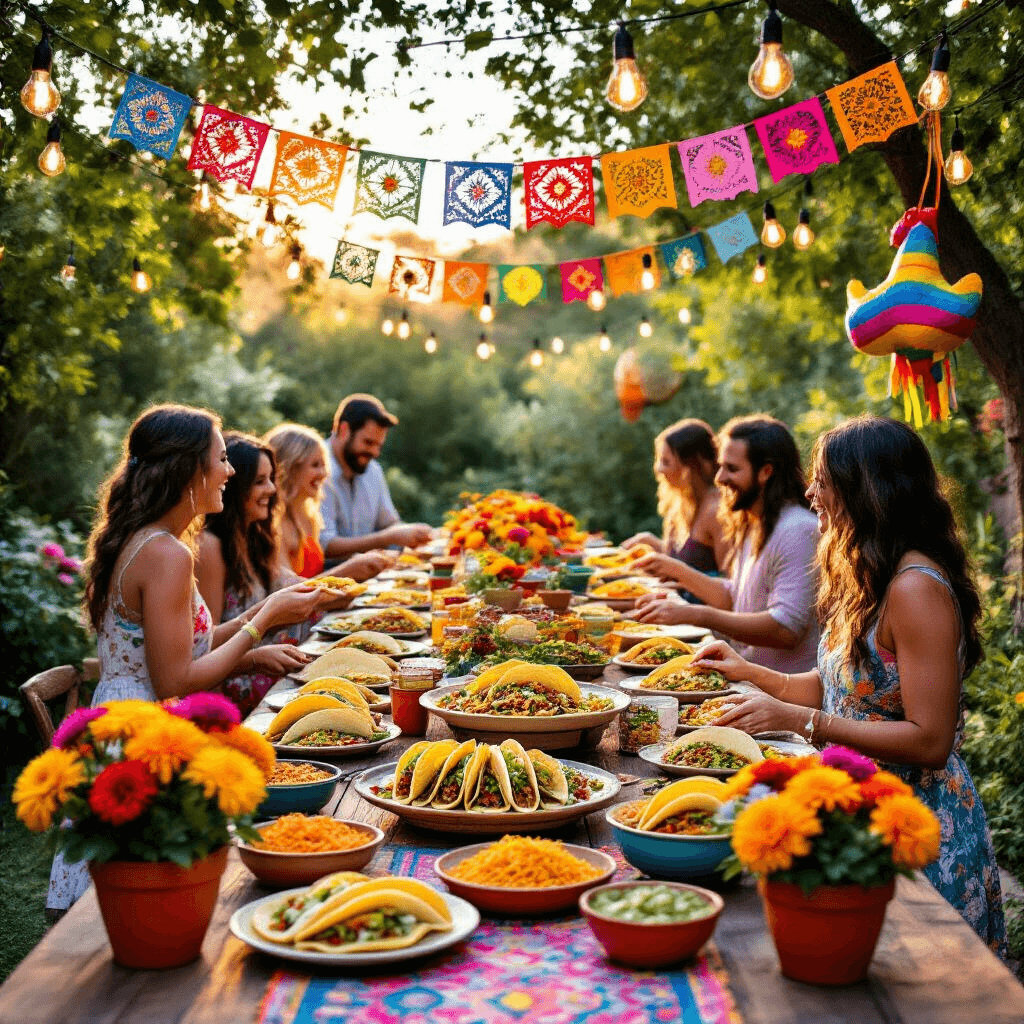 Taco Birthday Party: The Ultimate Guide to a Sizzling Celebration A lively outdoor taco birthday party at golden hour, featuring a vibrant farmhouse table with a taco bar, colorful papel picado decorations, and guests enjoying the festivities in a lush garden setting.