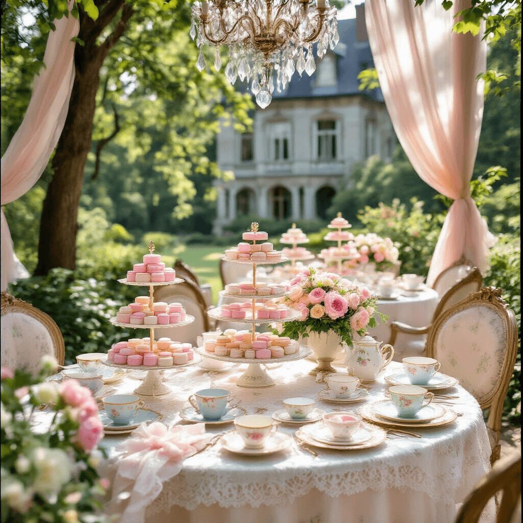 The Ultimate Tea Party Birthday Guide: Creating Magical Memories A sunlit garden tea party with delicate lace tablecloths, pastel macarons, floral teacups, and whimsical centerpieces, set against a Victorian mansion.
