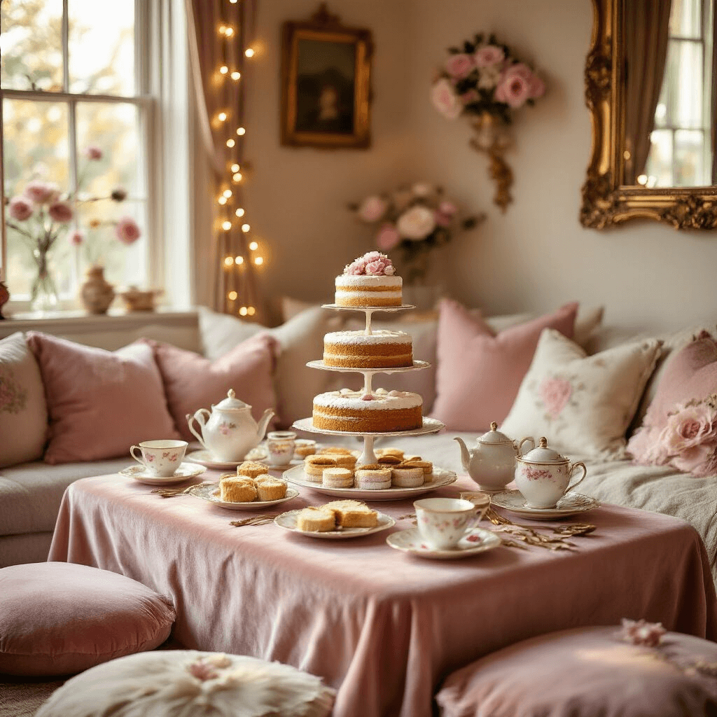 The Ultimate Tea Party Birthday Guide: Creating Magical Memories A close-up of a cozy indoor tea party setting, featuring a blush pink velvet tablecloth adorned with vintage china, dainty finger sandwiches, scones, and a three-tier Victoria sponge cake, surrounded by plush pastel cushions, delicate paper flowers, and fairy lights, with a gold mirror reflecting the warm golden hour light and guests enjoying tea in the soft bokeh background.