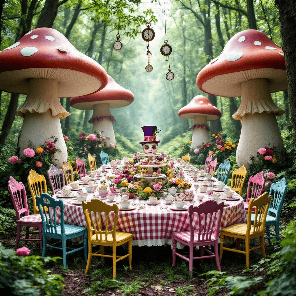 The Ultimate Tea Party Birthday Guide: Creating Magical Memories A whimsical Alice in Wonderland-themed tea party in a lush forest, featuring oversized mushrooms, vibrant mismatched chairs, checkered tablecloths, hanging teacups, and a mad hatter's hat as a cake stand, all under dappled sunlight.